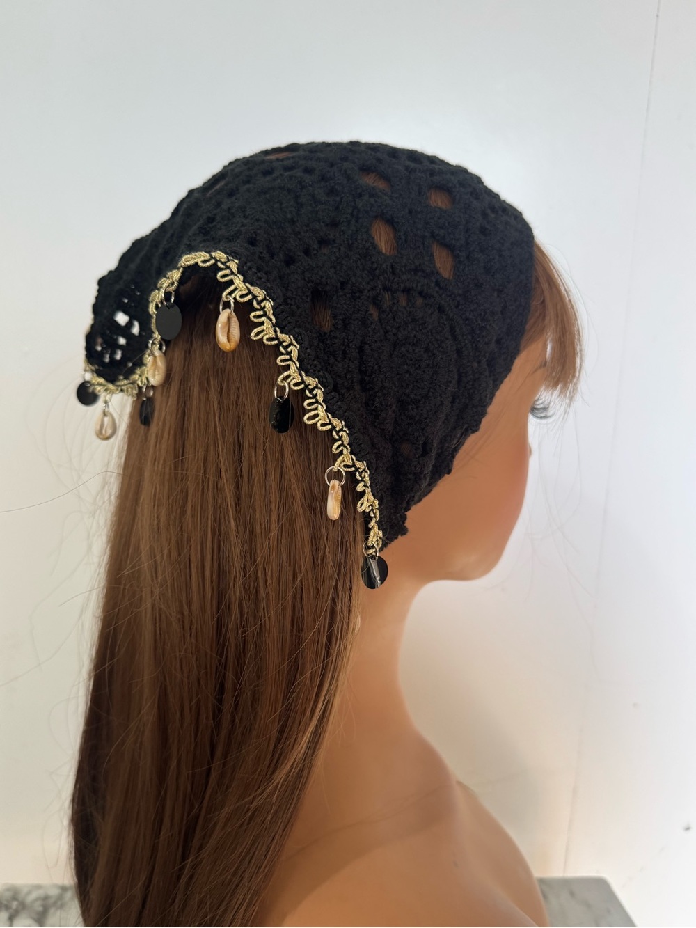 Boho Black Crochet Triangle Head Scarf Shell Charm Trim Beach Festival Bandana - Picture 3 of 9